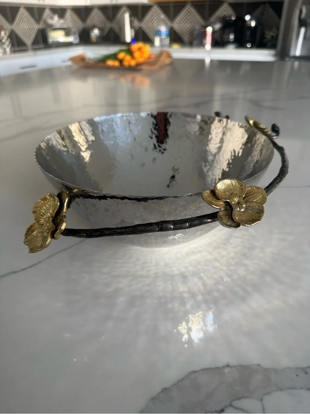 Decorative Michael Aram Silver Hammered Bowl with Gold orchid